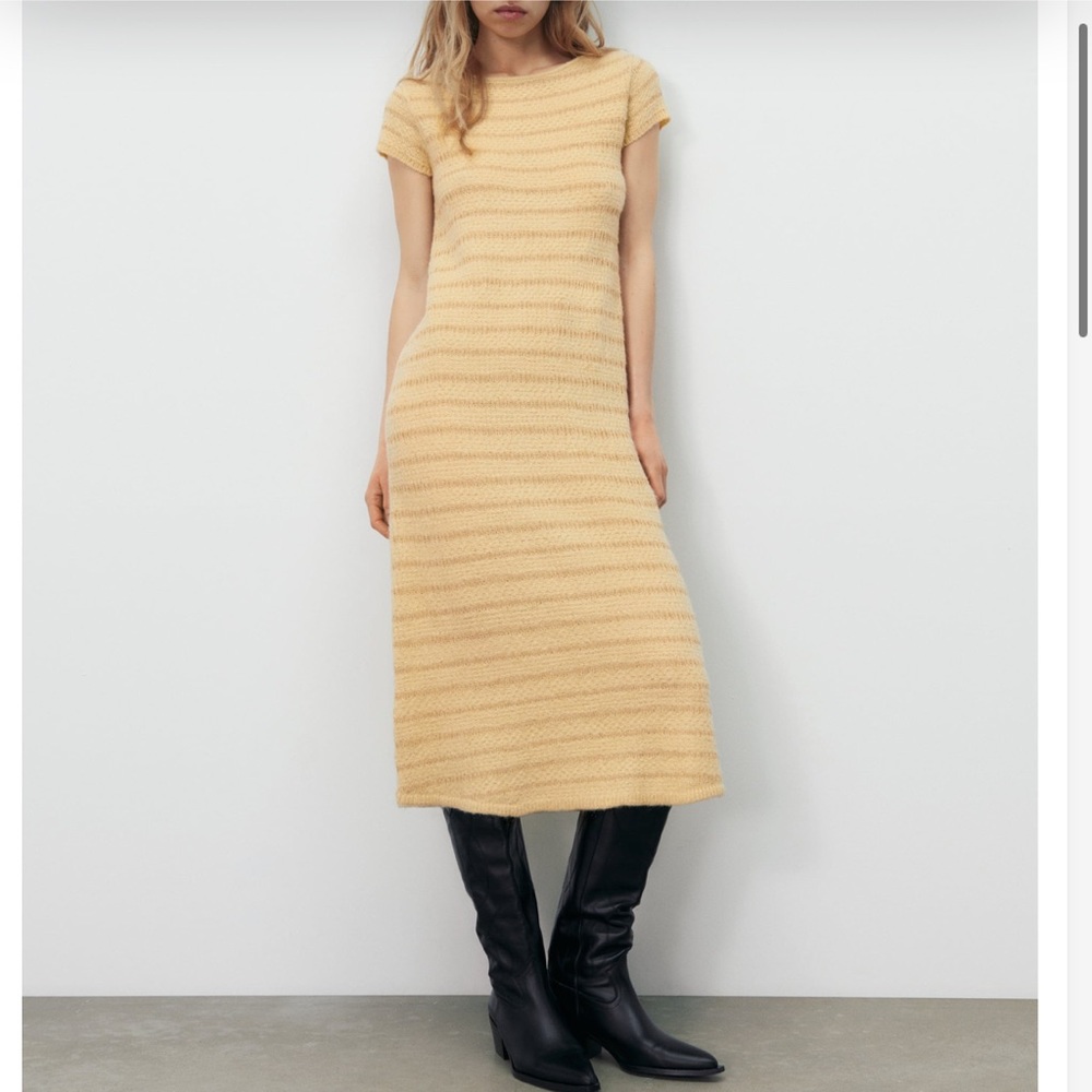 Zara Beige Yellow Gold Threads With Contrast Detail Knit Midi Dress Size Small